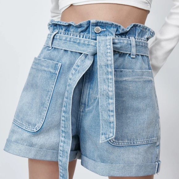 Zara High Waist Paperbag Denim Shorts with Belt Size 2 - Picture 2 of 11